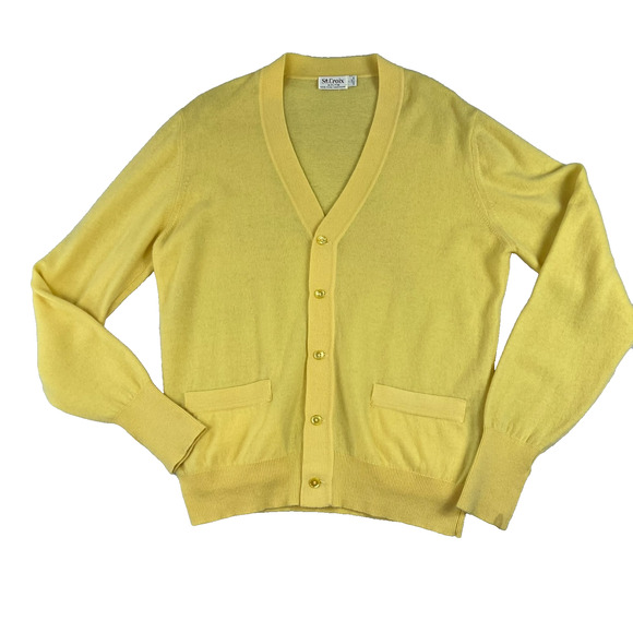 St. Croix Cardigan Men's Large Yellow 100% Pure Cashmere With Pockets - Picture 1 of 9